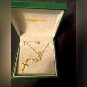 Gold & Pearl Rosary Beads 20” diameter with 1” crucifix NIB